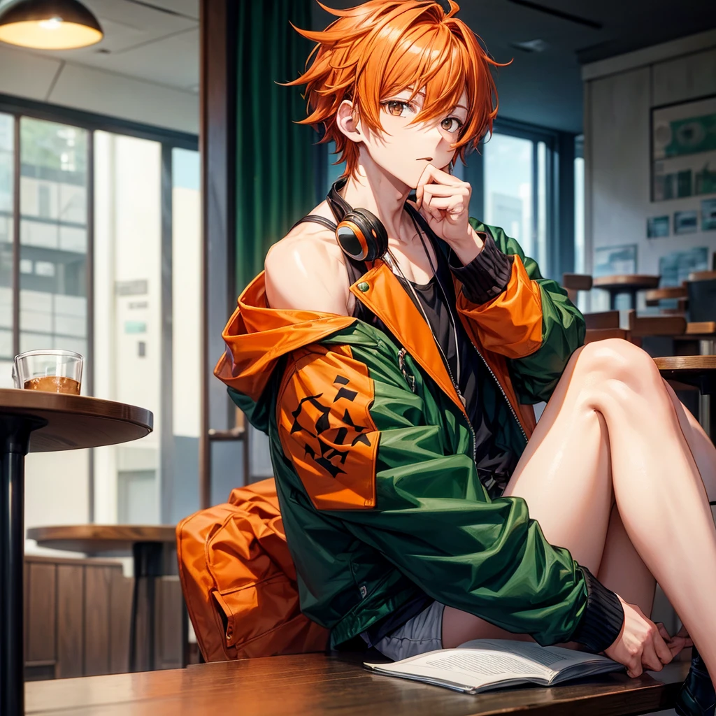 Anime style boy with short wavy shoulder-length orange hair , almond-shaped black eyes sitting having a coffee in a cafeteria with a green jacket and black headphones around his neck