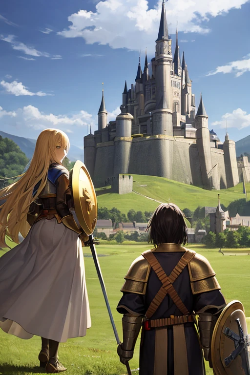 anime girl in golden armor with a sword and shield who is 20 years old in a medieval landscape with the shield raised and a castle in the distance