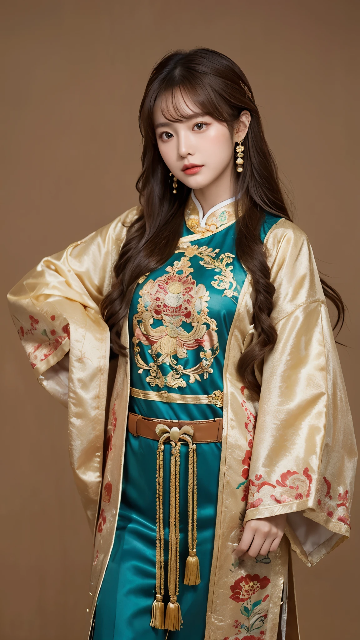 1girl, solo, brown hair, chinese clothes, jewelry, long hair, looking at viewer, model pose, simple background,