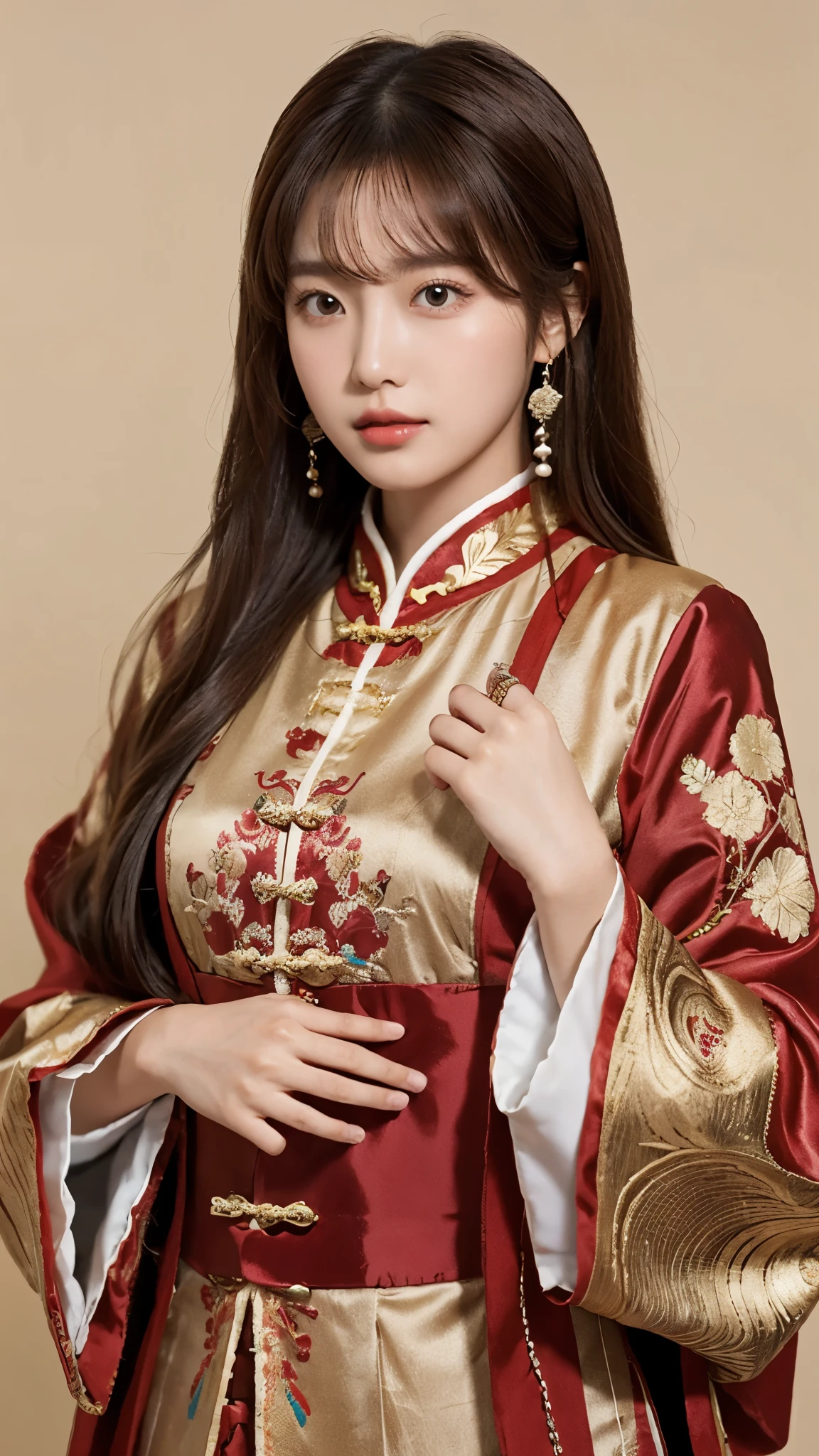 1girl, solo, brown hair, chinese clothes, jewelry, long hair, looking at viewer, model pose, simple background,