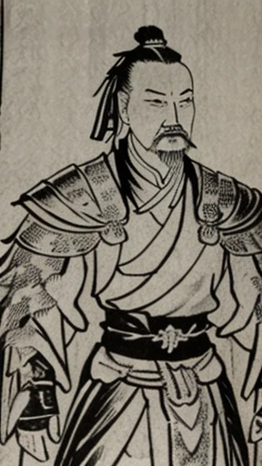 （（（Monochrome））、（（Men in ancient China））、（Ink painting）、Highest quality、masterpiece、Ultra-high resolution、(Realistic:1.4)、Game Poster、Three Kingdoman with a beard,Oriental、Three Kingdoms演義に見られるように々military commander、Crisp and beautiful image quality ,(Metal Armor, metal dragon head on the shoulder, Holding a sword, (Skin of color, ), (Metal Armor with intricate pattern:1.2), gloves, Long trousers, (Very detailed, bloom:1.5), (Highest quality, Concept Art, 4K), (analog:1.2), (high sharpness), (Detailed pupil:1.1),, Detailed face and eyes, masterpiece, Highest quality, (Very detailed:1.1), 8k, photoRealistic, (PurerosFace_v1:0.2), [:(Detailed face:1.2):0.2], sharp, Realistic, Realistic Shadow, 