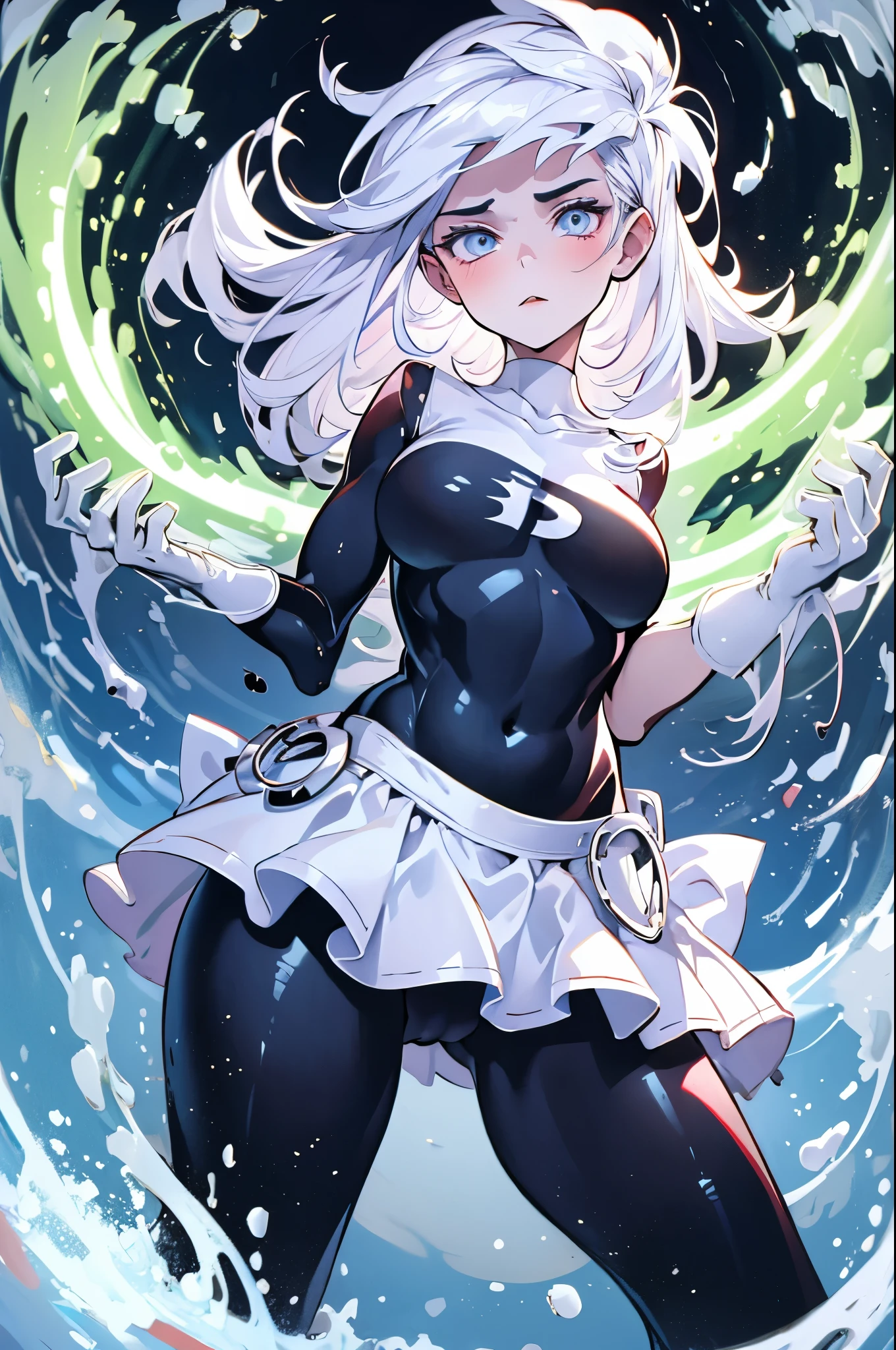 (masterpiece), best quality, expressive eyes, perfect face, highres, 1girl, solo, (female:1.5), danny phantom, white hair, long hair, white gloves, black bodysuit, standing, upper body, looking at the viewer