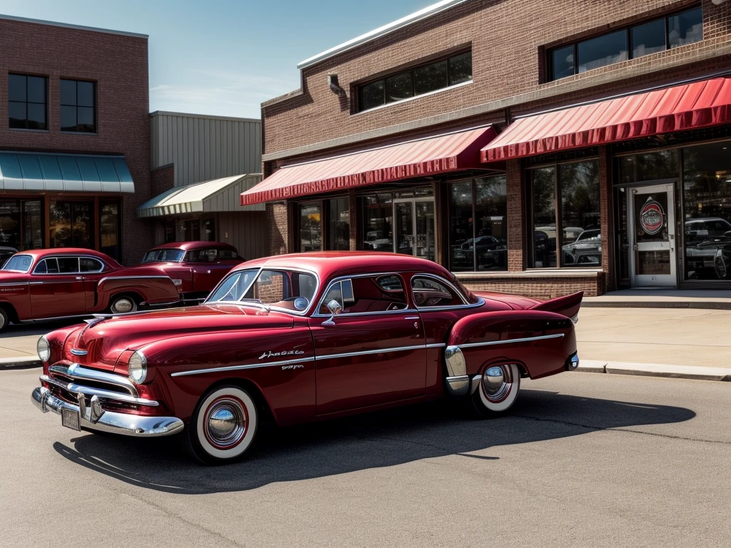 Picture a 1952 Dodge Kingsway Custom parked outside of a Restaurant, its chrome grille catching the sunlight, embodying an era of post-war optimism and automotive innovation, distant shot wide angle