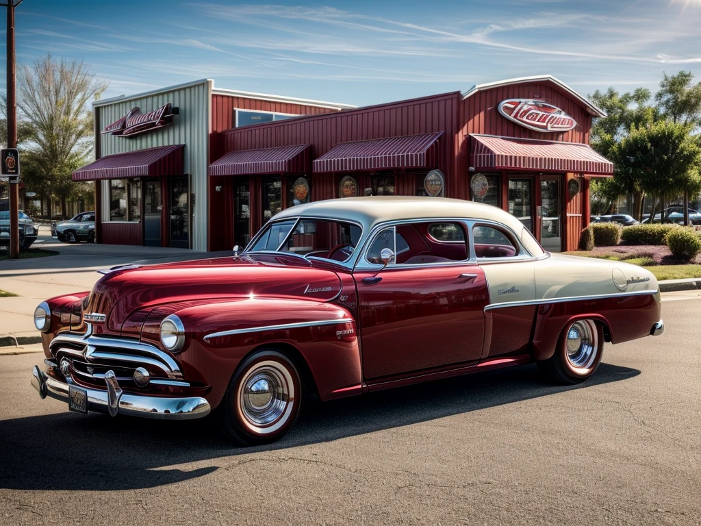Picture a 1952 Dodge Kingsway Custom parked outside of a Restaurant, its chrome grille catching the sunlight, embodying an era of post-war optimism and automotive innovation, distant shot wide angle