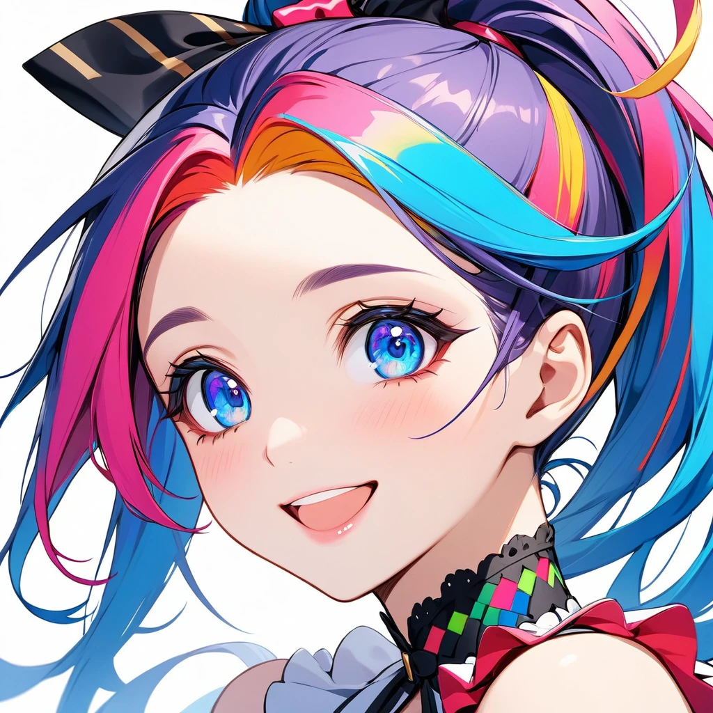 One girl, Close-up,blue eyes, ribbon, Simple Background, ponytail, Colorful Hair, Heavy makeup, happiness/joy,