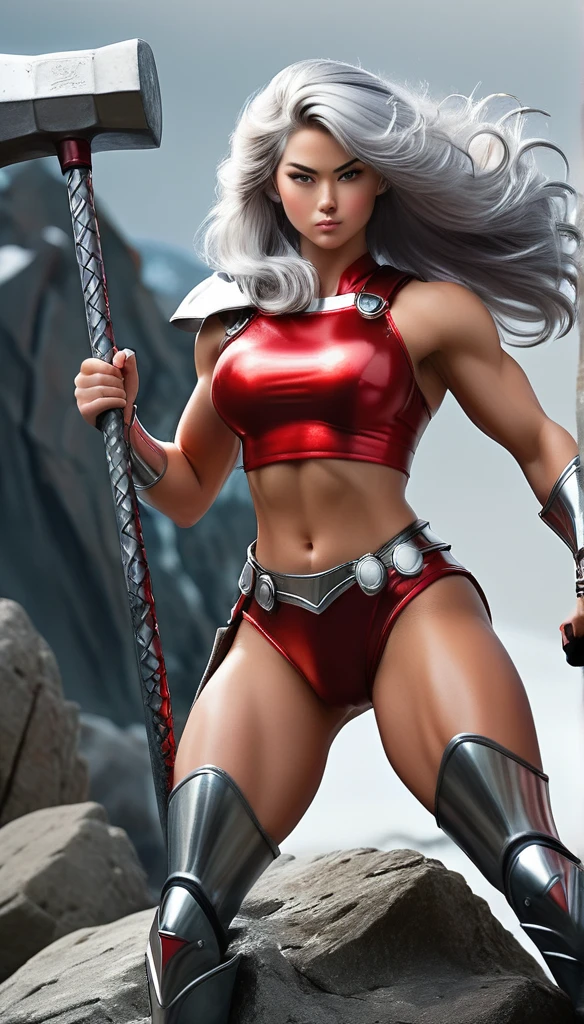 A beautiful big and muscular warrior,your hair is silver,its small shiny armor in chrome tones,metallic tones with red,she holds a big sledgehammer,she is standing on a rock.
