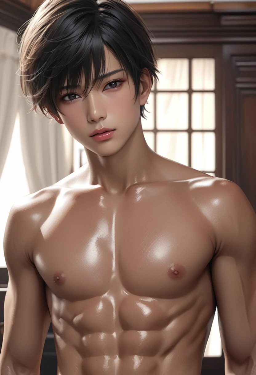 high quality, detailed, photo Realistic, (1 female to male),transgender,(22 years old tanned cute japanese), (detailed black eyes), (black short hair),(abs),(tanned shiny skin:1.3), flat chest, black tiny thong,(detailed nipples), palace bedroom,(best quality,4k,8k,highres,masterpiece:1.2), (face close up:0.8),(realistic,photorealistic,photo-realistic:1.37),