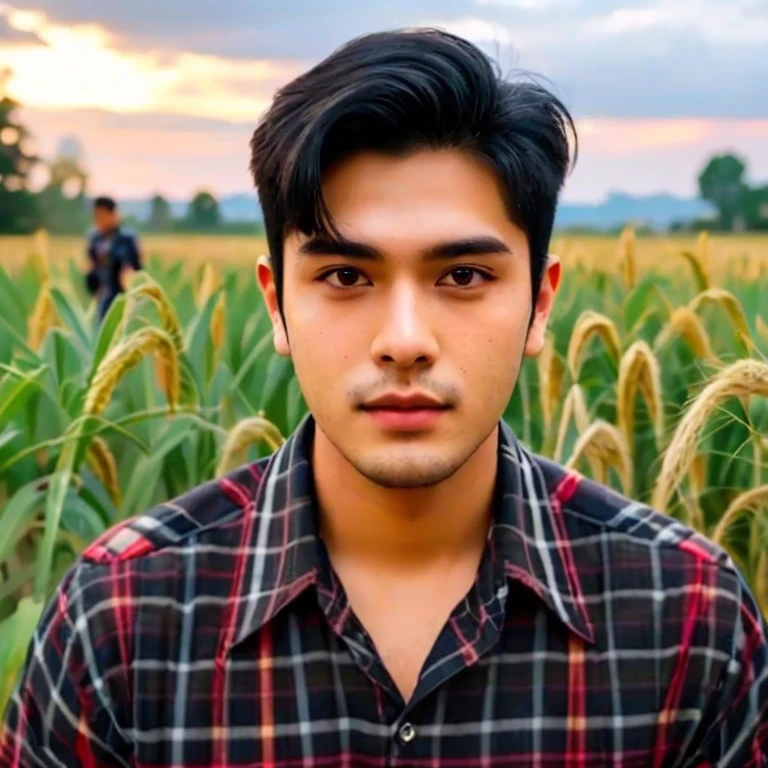 Aaraf wearing a plaid shirt stood in front of the house., Portrait in the middle of a shot, Portrait 8 k, instagram post, Southeast Asians with round faces, Short mohawk hair, Photos in Portrait mode, Medium-term portrait, Shot with Sony Alpha, soft Portrait 8 k, Portrait photography, home photography, Shot with Canon EOS R5, Shot with Canon EOS R5, Headshot profile picture