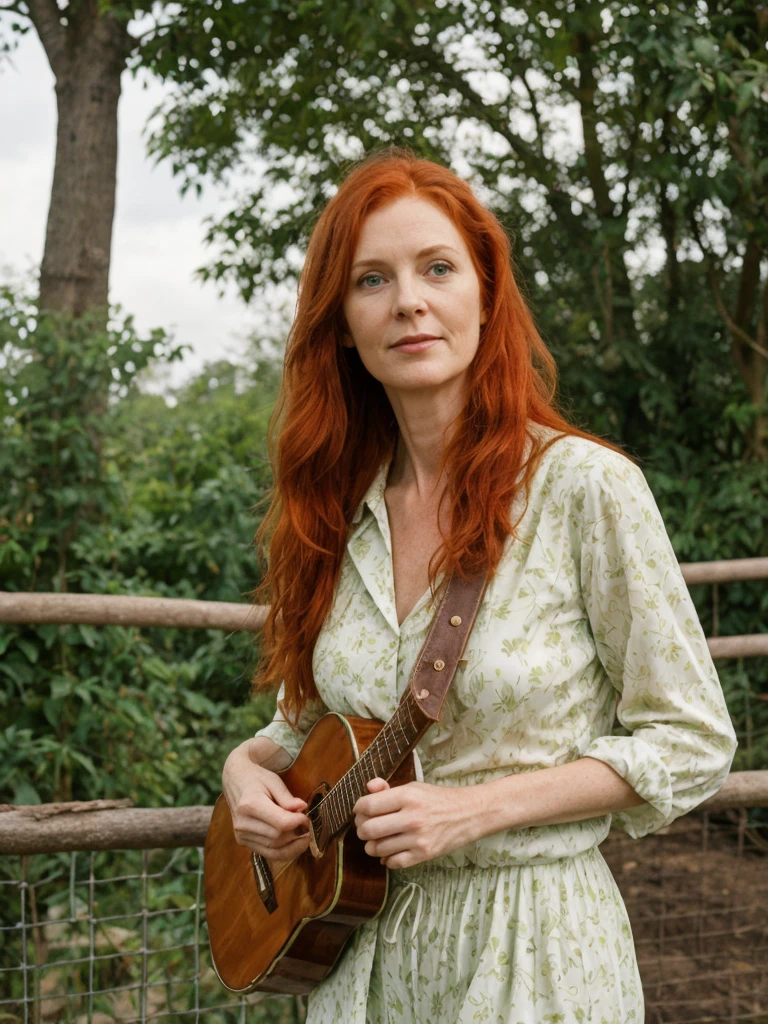 portrait, her name is Mia, high quality, 1 old woman, ((40-year-old guitar-shaped body irish woman)), (((40 years old))), wide hips, (((red hair))), (pale skin), ((green eyes)), she is wearing tan safari romper, dynamic pose, BREAK, BACKGROUND: outdoor: Zoo enclosure