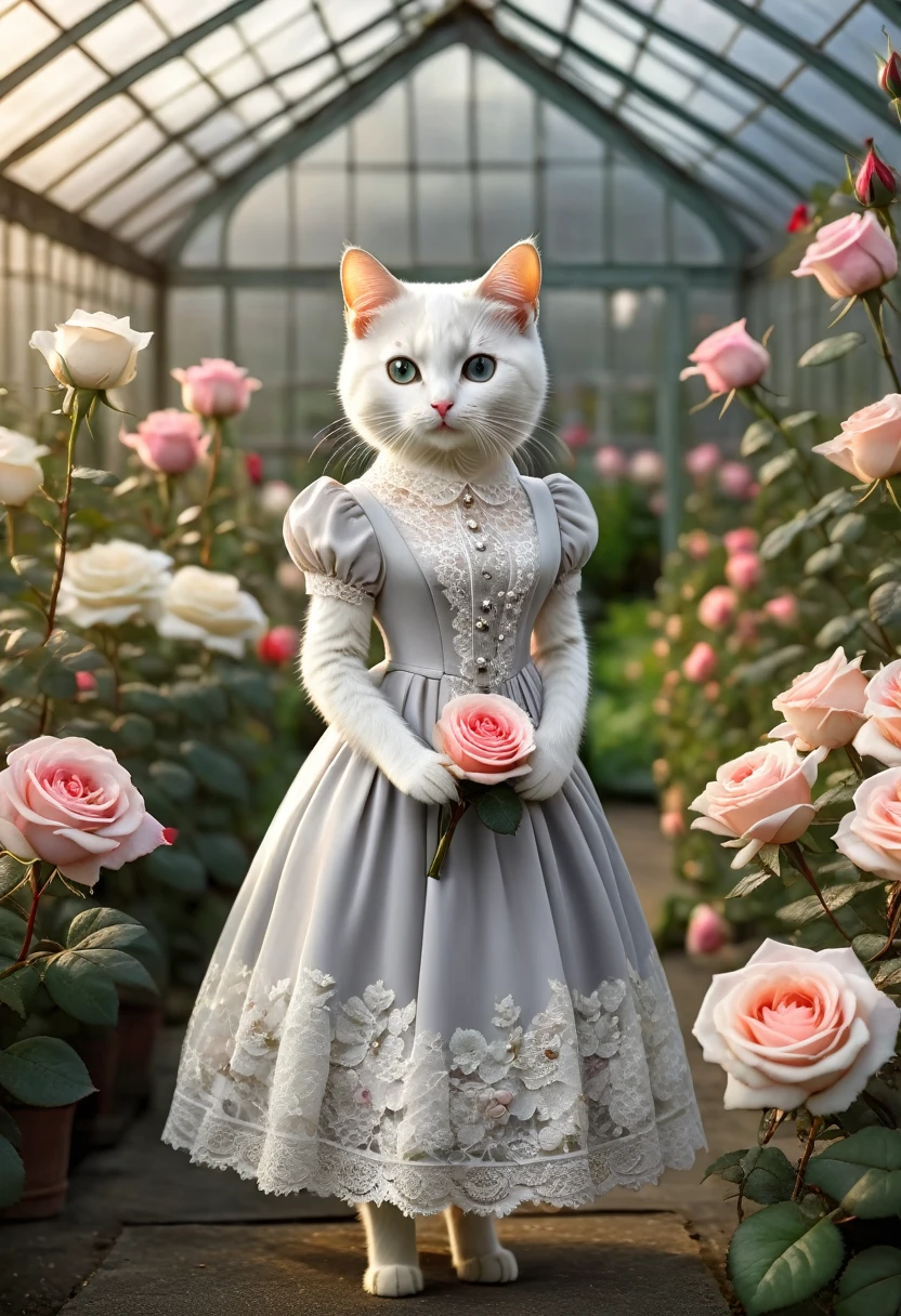 Realistic portrait of a dressed animal - a beautiful white cat, Standing with a rose in her hand,(A greenhouse in the evening with lots of roses in full bloom), high quality,(Lovely) ,Intricate details, Very detailed ((Elegant lace grey floral one-piece dress) ,Antique photos、Nostalgia、Very detailed decorations,, (ennui), Natural light,Evening Light、Magic Hour(Full body image:1.5)