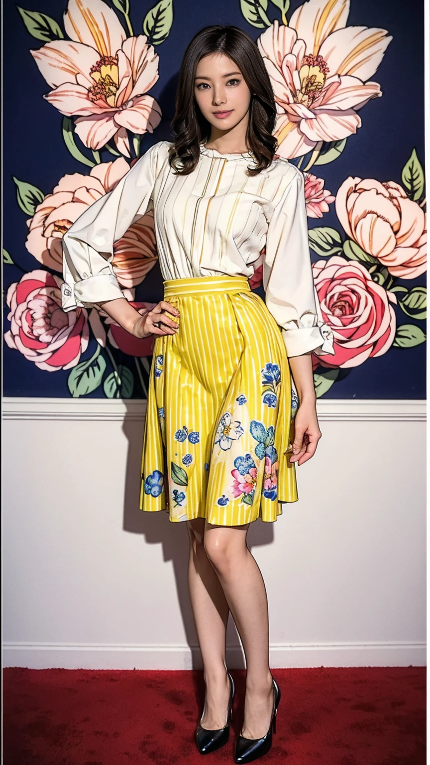 ((masterpiece)),(((Highest quality))),Thin thighs,Long legs,whole body:1.5，(One Girl:1.3),(Black high heels：1.3),(Wearing a floral striped mid-long flared skirt dress:1.2),Curly blonde hair:1.2、Model pose standing with legs apart:1.5，Bright expression:1.5