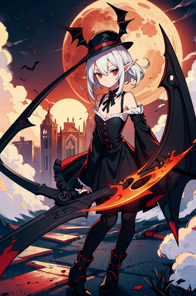 1 Girl Elf, vampire, young, black dress, red right stocking, black left stocking, red eyes, white hair with bow, with a huge scythe, against the backdrop of the red moon, abandoned gothic church, night, looking at viewer, cute pose, 8k, masterpiece, high res, ultrasharp
