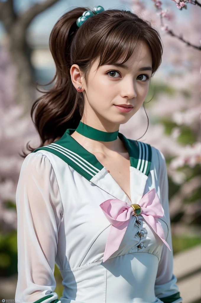 (Full Body Shot:1.7), (masterpiece, Highest quality:1.4),One girl, alone, Ham Jupiter, (Green Eyes), ponytail, (tiara:1.2), jewelry, (Sailor Warrior Uniform:1.5), Green sailor collar, choker, Elbow hand pockets, White gloves, Pink ribbon, brooch, White leotard, Green Skirt, Pleated skirt:1), Beautiful Face, Highly detailed face, Highly detailed eyes, Highly detailed skin, Skin pores, Scattered beneath the surface, Realistic pupils, Mid-chest, Sexy smile, Blush all over face, Fuller lips, Cherry blossom tree background, Scattered beneath the surface, Detailed Background, Depth of written boundary, Volumetric lighting, Sharp focus, Absurd, Realistic proportions, Excellent anatomy, (Realistic, hyperRealistic:1.4), 16k hdr,