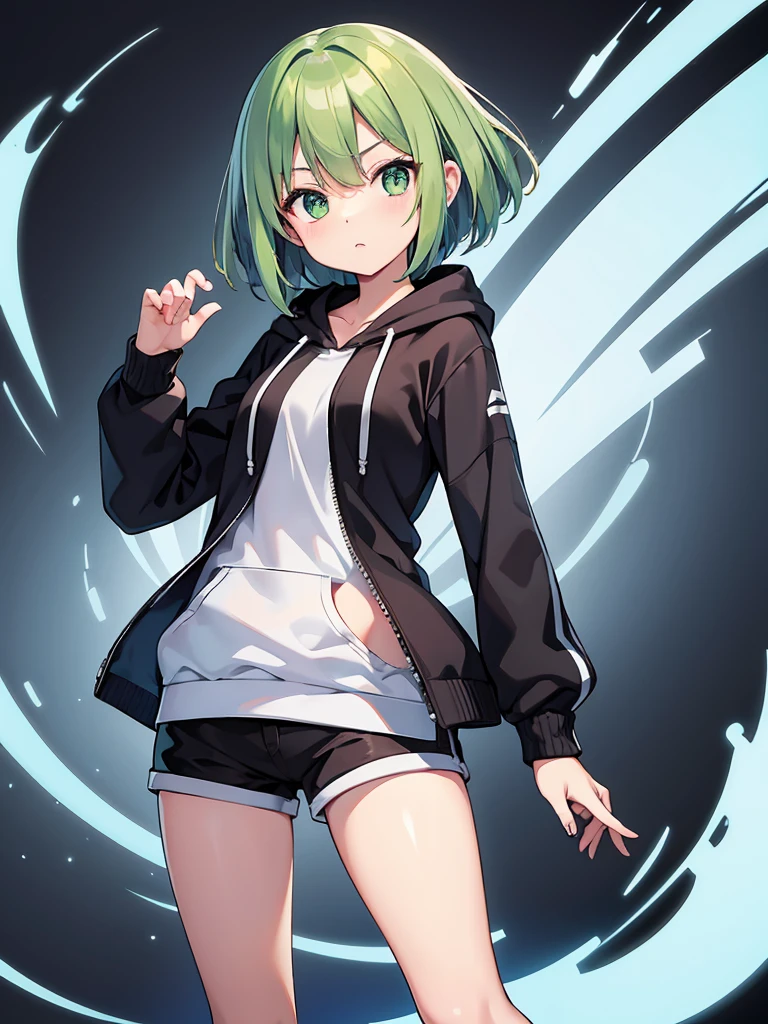 Masterpiece,High Quality,(Full Length 1.2),Animated Standing, Black Shorts,(Black and White Open Hoodie),Black Open Hoodie,(Green Hair 1.4),Animated Girl with short green hair and green eyes,(Detailed Eyes 1.6),(Clear Eyes 1.4),(Beautiful Eyes 1.4),(Shining Eyes 1 .4), White cyan, Green hair, Detailed key animated art, Animated portrait, Shining eyes, Green haired girl, Green light hair, Black shorts, Gray shoes, White socks, Thighs, 4K