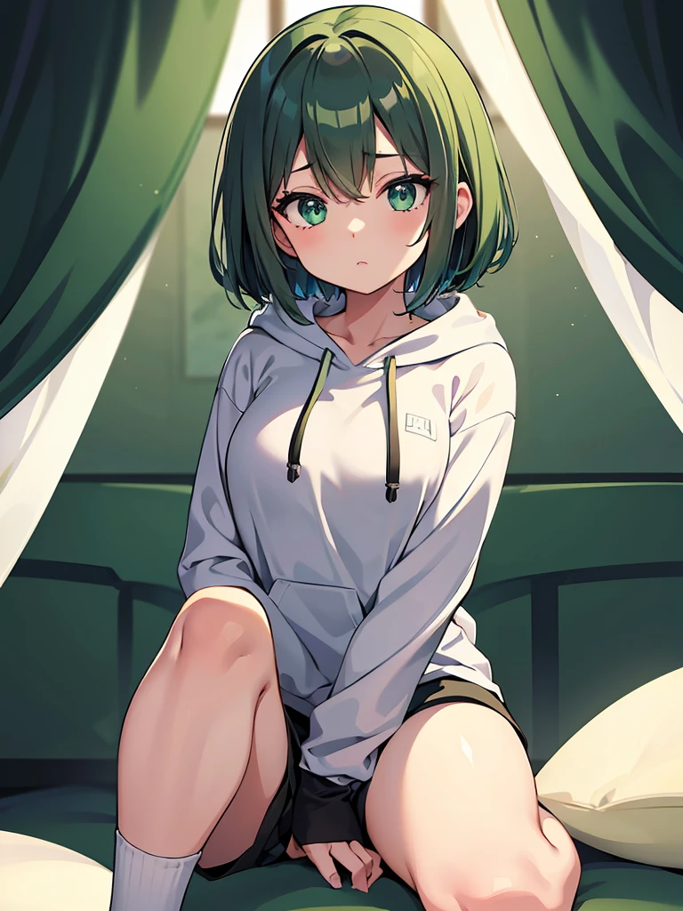 Masterpiece,High Quality,(Full Length 1.2),Animated Standing, Black Shorts,(Black and White Open Hoodie),Black Open Hoodie,(Green Hair 1.4),Animated Girl with short green hair and green eyes,(Detailed Eyes 1.6),(Clear Eyes 1.4),(Beautiful Eyes 1.4),(Shining Eyes 1 .4), White cyan, Green hair, Detailed key animated art, Animated portrait, Shining eyes, Green haired girl, Green light hair, Black shorts, Gray shoes, White socks, Thighs, 4K