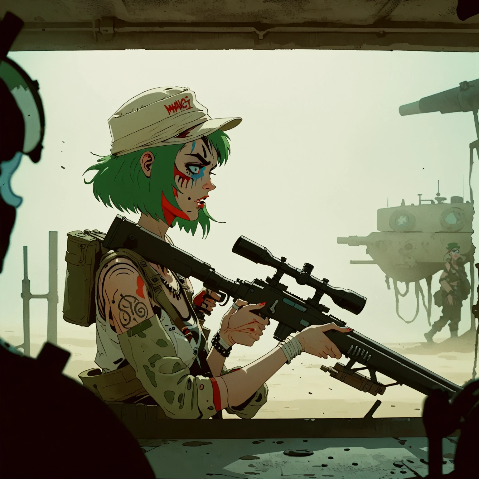 heat, haze, mirage, refraction, hallucination, apparition, unsettling, overwhelming, tank girl, film screengrab, minimal, serene, perfect, strange, candid, cinematic, tank girl with sniper rifle, realism, photographed, timeless, blank canvas, nuanced, clearly cartoon distinct tank girl style aesthetics,