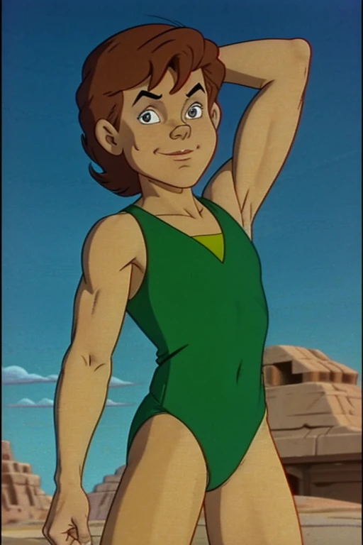 a redhead cartoon character dressed in a green leotard, very muscular, a young male wizard, 1980s cartoon, animated episode still, Presto (((mad)))