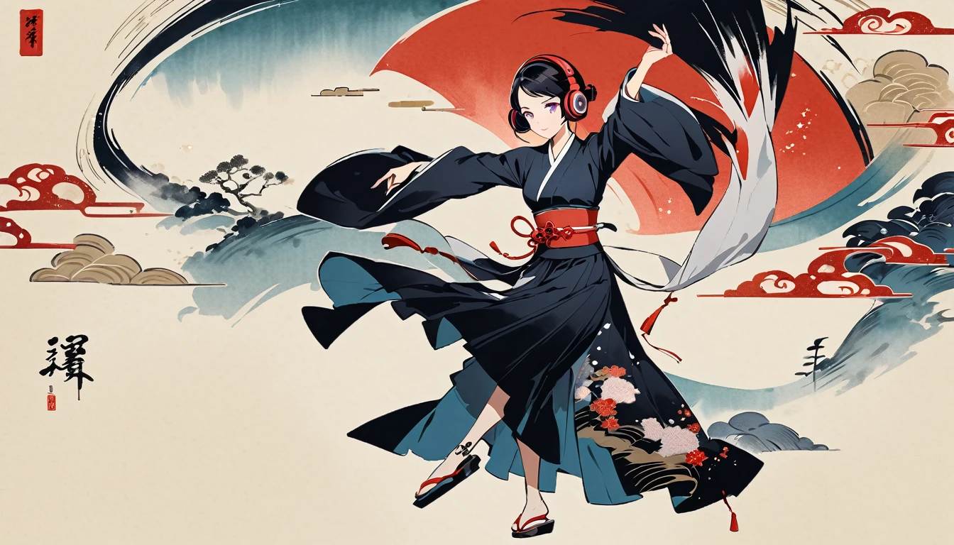 whole body, dance, Purple Eyes, Ink Painting, 1 girl, tattoo, Japanese style headphones, beautiful girl, Black Hair, peace, Delicate and precise, Modern ukiyo-e style, Multicolored background