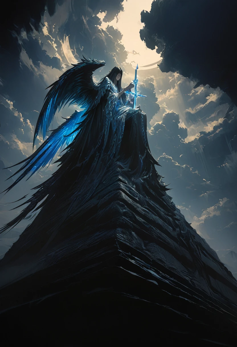 (masterpiece, best quality: 1.2), Underground Angel, Folding wings, Holding a blue silver cross, moonlight, partly cloudy, Dark fantasy illustration style, Dark Arts, High contrast, Dark Shadows, Atmospheric perspective , Melancholic colors, work, Volumetric Lighting, number, Brushstrokes, Dramatic Lighting, Low Angle, Surrealism, Very detailed, Surrealism