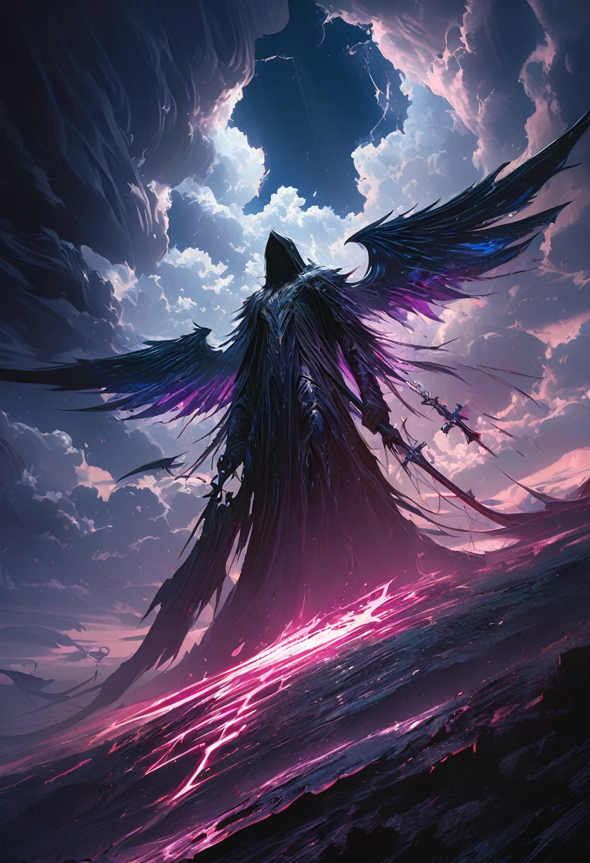 (masterpiece, best quality: 1.2), Underground Angel, Folding wings, Holding a blue silver cross, moonlight, partly cloudy, Dark fantasy illustration style, Dark Arts, High contrast, Dark Shadows, Atmospheric perspective , Melancholic colors, work, Volumetric Lighting, number, Brushstrokes, Dramatic Lighting, Low Angle, Surrealism, Very detailed, Surrealism