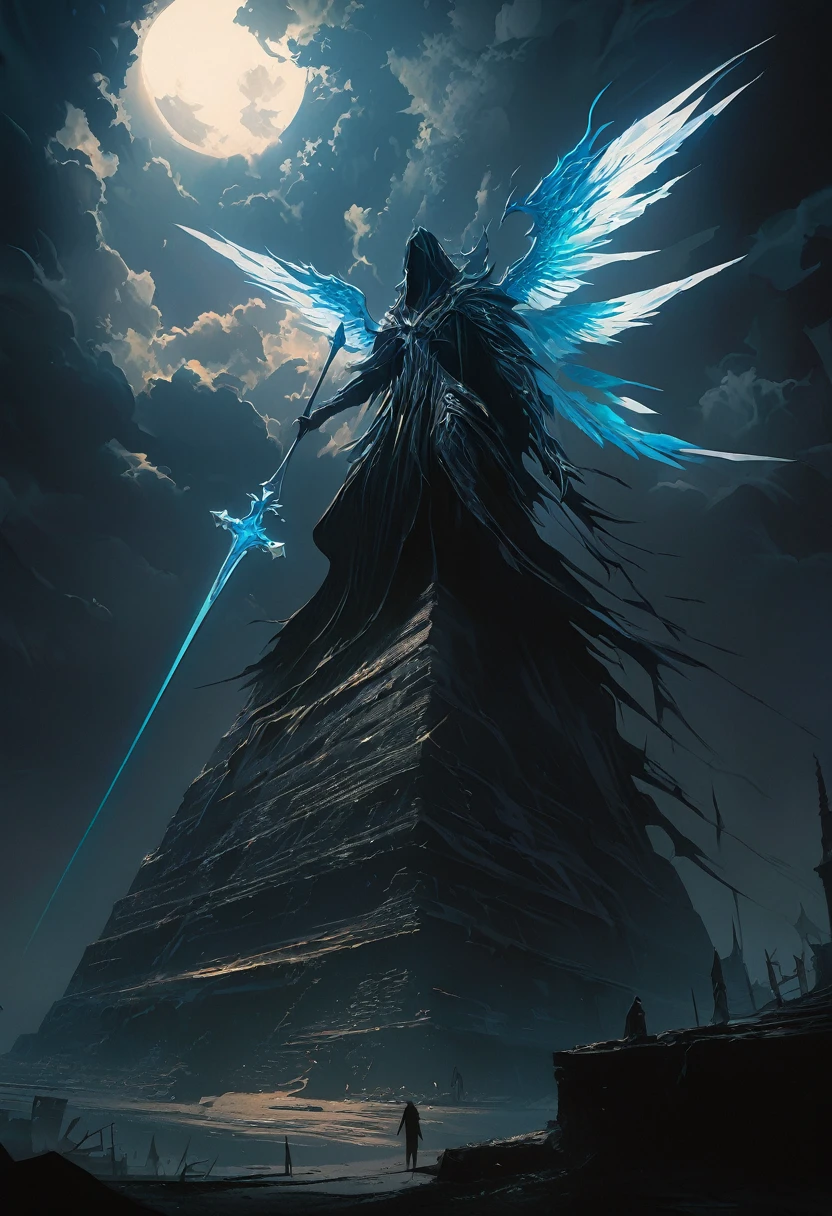 (masterpiece, best quality: 1.2), Underground Angel, Folding wings, Holding a blue silver cross, moonlight, partly cloudy, Dark fantasy illustration style, Dark Arts, High contrast, Dark Shadows, Atmospheric perspective , Melancholic colors, work, Volumetric Lighting, number, Brushstrokes, Dramatic Lighting, Low Angle, Surrealism, Very detailed, Surrealism