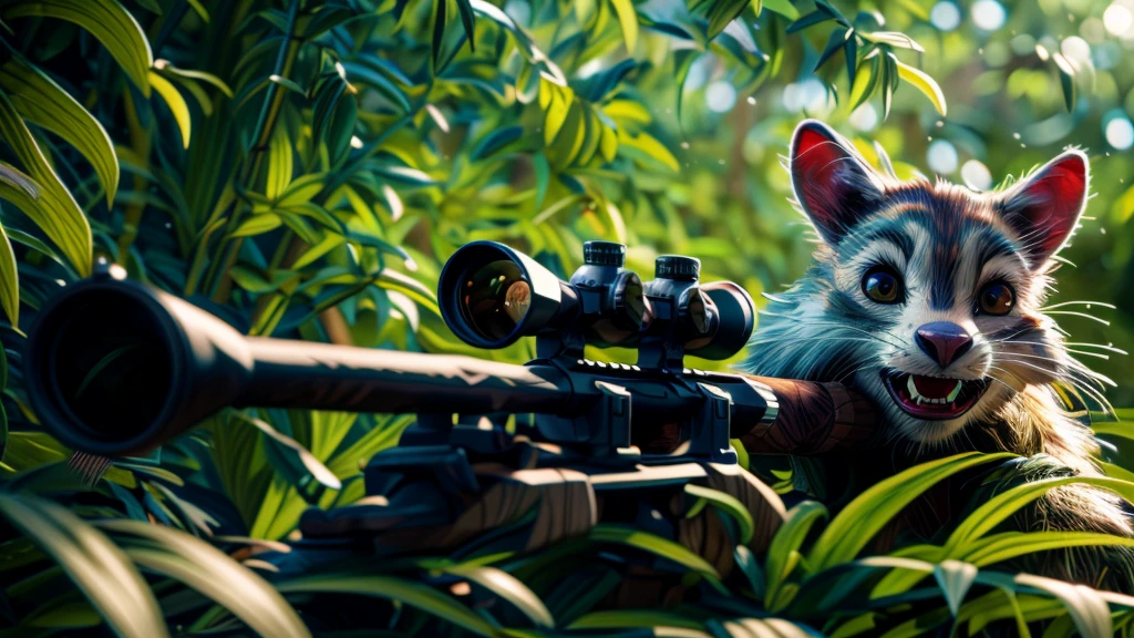 riverside, animal sniper, highly detailed portrait, beautiful detailed eyes, beautiful detailed lips, extremely detailed eyes and face, long eyelashes, high quality, 8k, hyperrealistic, photorealistic, hyper detailed, realistic, masterpiece, intricate details, sharp focus, professional lighting, vivid colors, moody lighting, dramatic chiaroscuro, cinematic framing, atmospheric, breathtaking, fantasy, concept art