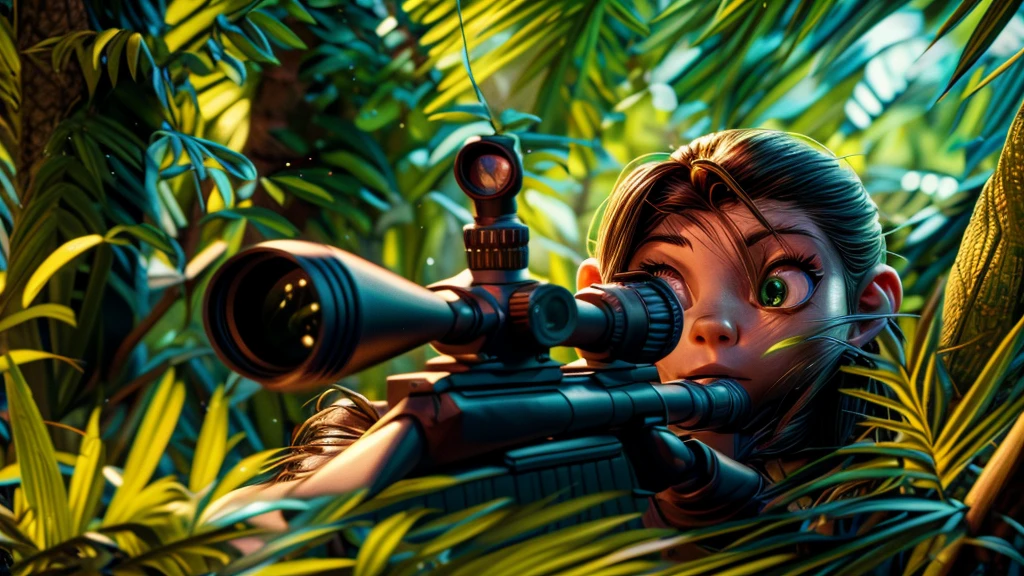 a beautiful sniper in the forest, animal sniper, highly detailed portrait, beautiful detailed eyes, beautiful detailed lips, extremely detailed eyes and face, long eyelashes, high quality, 8k, hyperrealistic, photorealistic, hyper detailed, realistic, masterpiece, intricate details, sharp focus, professional lighting, vivid colors, moody lighting, dramatic chiaroscuro, cinematic framing, atmospheric, breathtaking, fantasy, concept art