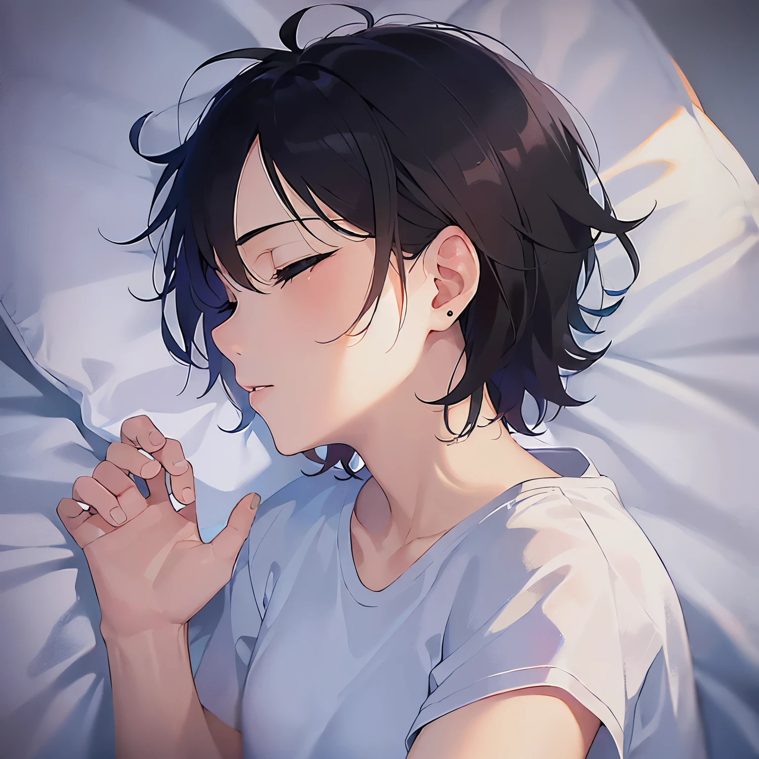 (25-year-old male:1.5) and (Black short hair), (white) and (T-Shirts)、upper body,profile,Side shot、 shiny skin, masterpiece、Highest quality、Sleeping in bed、Both eyes are closed(alone:1.5)