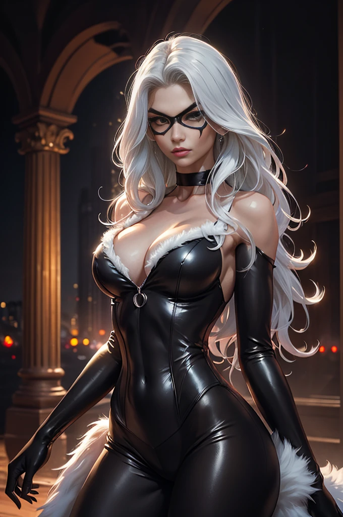 black cat,beautiful face,protruding breasts,white long hair,detailed fur texture,sharp focus,piercing eyes,intense gaze,delicate whiskers,elegant posture,mysterious aura,high contrast,soft shadows,vibrant colors,artistic rendering,realistic painting style,nighttime scenery,moonlight illumination,sleek physique,graceful movements,curved tail,intense expression,hidden secrets,mesmerizing presence,attention to details,photorealistic details,subtle highlights,darker tones,alluring beauty,sleek and shiny coat, frame,playful yet mysterious,engaging personality,intense connection,strong visual impact,stunning artwork,professional composition,high-resolution masterpiece,attention-grabbing,eye-catching composition,provocative and alluring,expressive and captivating gaze, platinum white hair, black mask