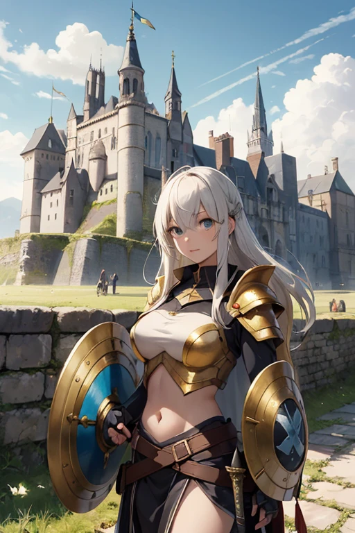 anime girl in golden armor with a sword and shield who is 20 years old in a medieval landscape with the shield raised and a castle in the distance