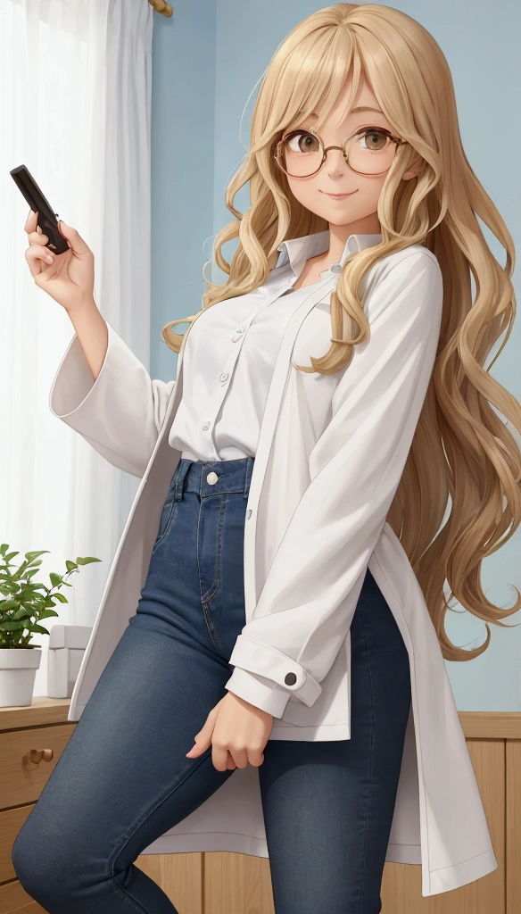 Full-length illustration in 2D cartoon style of Olivia, a serene and wise virtual aromatherapist in her 30s. She has a calm, gentle smile, long, wavy blonde hair, big brown eyes, and round-rimmed glasses. She is dressed in an elegant long-sleeved white coat over a light blue shirt and jeans. In this new pose, Olívia is standing in exercise clothes with a yellow measuring tape in her hands, ready to take her measurements. She's in her room.. The style is lively and friendly, capturing her knowledgeable character in a simplified 2D cartoon format.