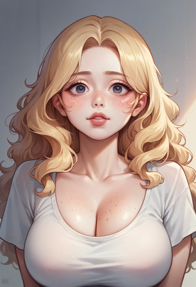 Korean girl with wavy blonde hair,  with freckles on her cheeks and very large breasts, with natural blush, with big eyes and big reddish lips, make it look realistic 