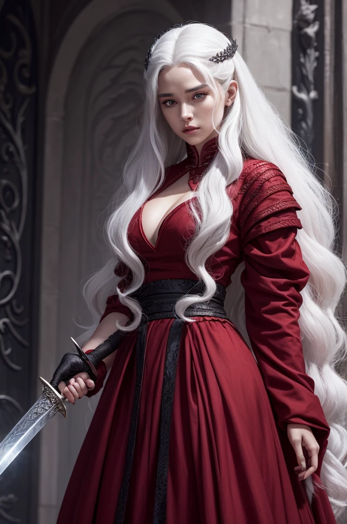 A Targaryen character from the House of the Dragon series, she has dark skin, big white hair, wears red clothes and has a sword at his waist