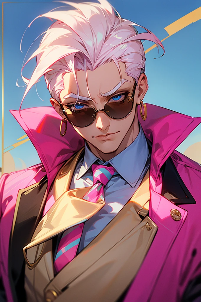 Adult male,Off-white hair,Slicked back,Eyes as blue as the sky,Pink sunglasses,Pink striped suit,pink necktie,Gold round earrings,Gold eyebrow studs,Host,
