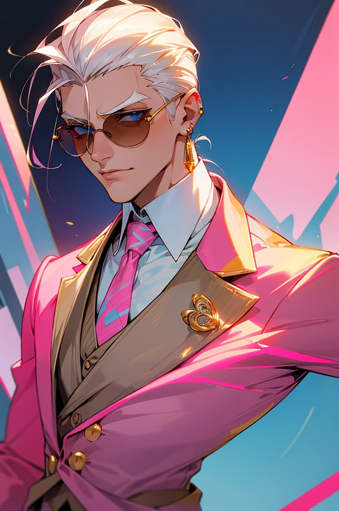 Adult male,Off-white hair,Slicked back,Eyes as blue as the sky,Pink sunglasses,Pink striped suit,pink necktie,Gold round earrings,Gold eyebrow studs,Host,