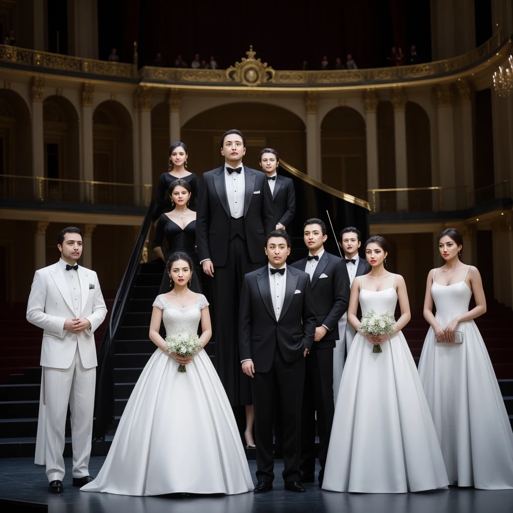 Three men and three women are standing on the opera stage, the three men are wearing black suits and the three women are wearing elegant long white dresses, realistic photo