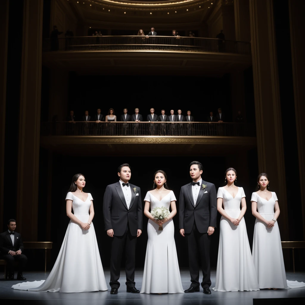 Three men and three women are standing on the opera stage, the three men are wearing black suits and the three women are wearing elegant long white dresses, realistic photo