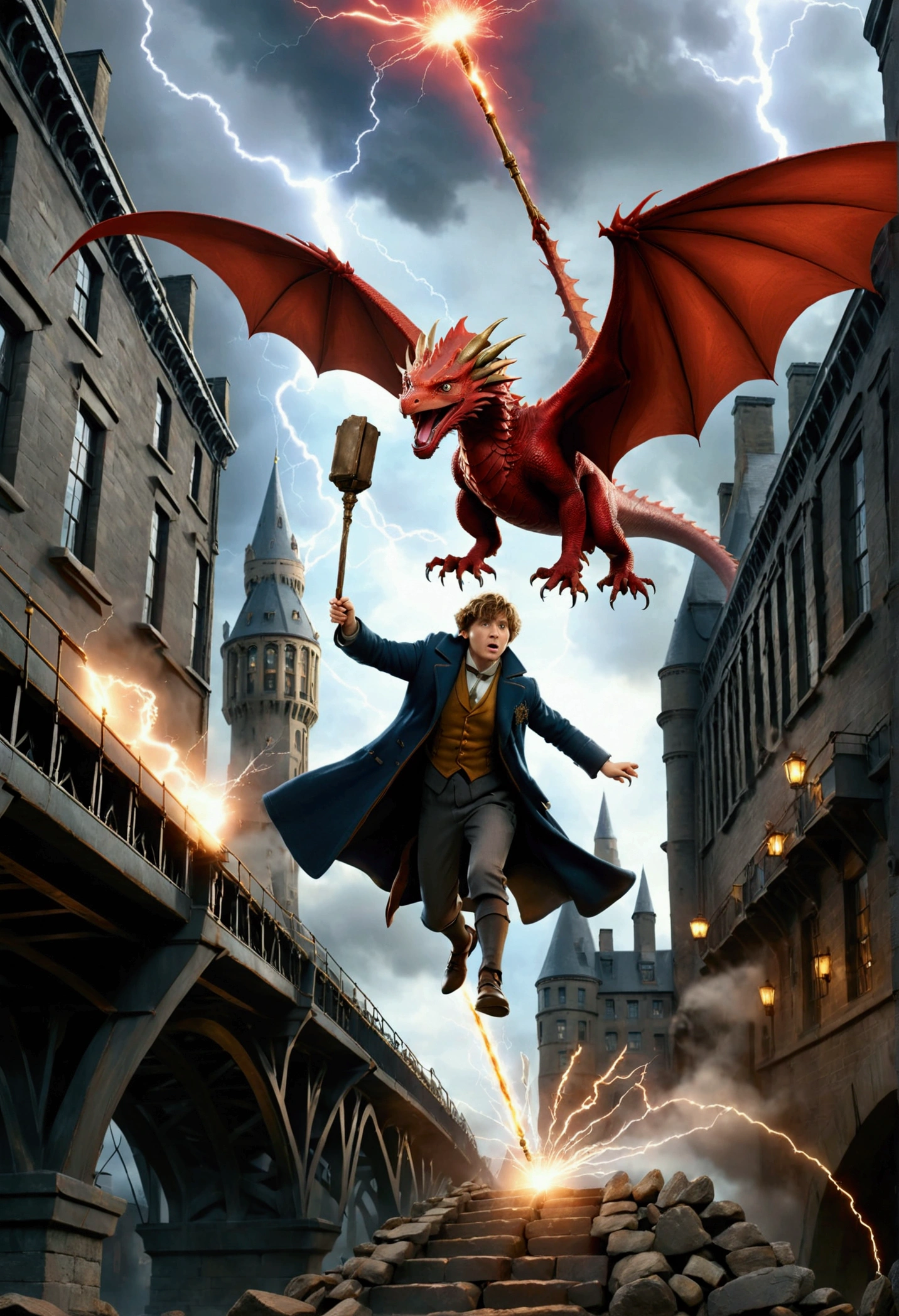 photography, best studio quality, detail, cinematic, masterpiece, scene from the movie "Fantastic Beasts", wizard with a magic wand, dynamic destruction of bridge and building, falling stones, lightning, red dragon flying in the sky, hyperrealism