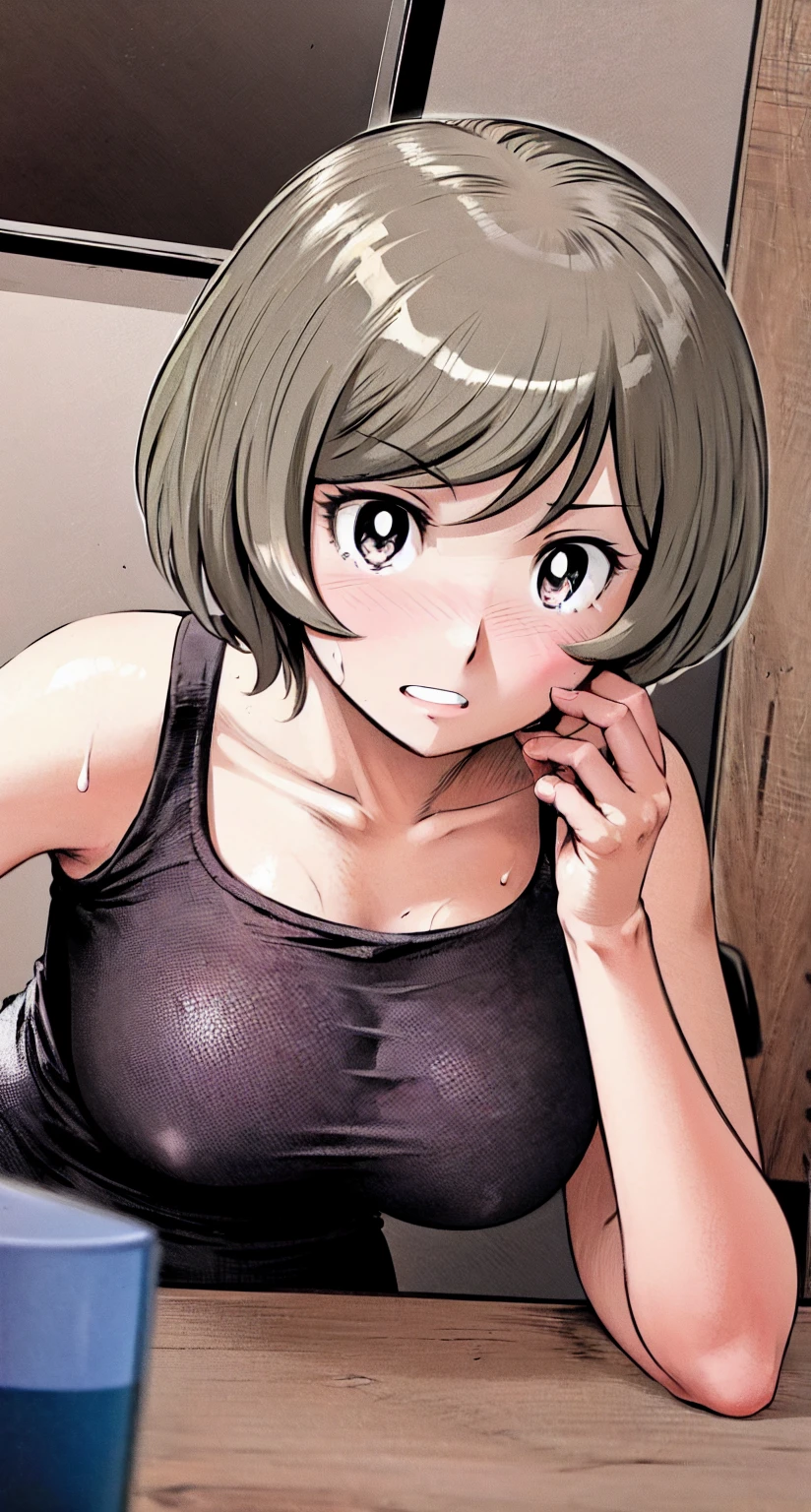 、(masterpiece、Highest quality)、Highest quality, Ultra-high resolution, (((masterpiece))), alone, Sweat、Big eyes,office、tight white dress shirt、Tight black suit、Tight black pants、indoor、Composition from the front、(後ろCut your hair short、short hair、blonde、woman)、Shortcuts、Embarrassed face、Cut your hair short、可愛いwomanの子、Big Breasts