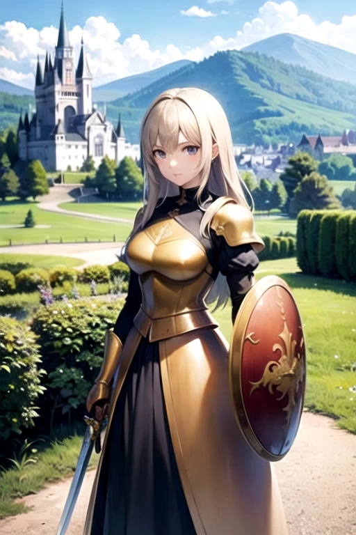 anime girl in golden armor with a sword and shield who is 20 years old in a medieval landscape with the shield raised and a castle in the distance