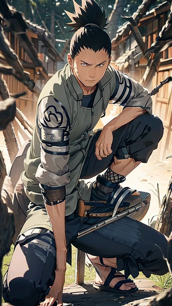 In the manga series "NARUTO" a man named "Sikamaru" with his trademark hairstyle tied back, is squatting on a tower and holding a long katana. The character wears a gray jacket with rolled up sleeves, a mesh undershirt, and dark pants. There are blue details on the jacket, including a circular Konaha symbol on the left sleeve. The shoes worn are similar to open-toed sandals. with 4k HDR quality, with a black shadow effect in the background that forms a large hand,