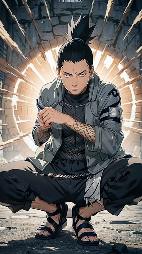 In the manga series "NARUTO" a man named "Sikamaru" with his trademark hairstyle tied back, is squatting on a tower and holding a long katana. The character wears a gray jacket with rolled up sleeves, a mesh undershirt, and dark pants. There are blue details on the jacket, including a circular Konaha symbol on the left sleeve. The shoes worn are similar to open-toed sandals. with 4k HDR quality, with a black shadow effect in the background that forms a large hand,