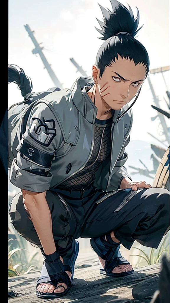 In the manga series "NARUTO" a man named "Sikamaru" with his trademark hairstyle tied back, is squatting on a tower and holding a long katana. The character wears a gray jacket with rolled up sleeves, a mesh undershirt, and dark pants. There are blue details on the jacket, including a circular Konaha symbol on the left sleeve. The shoes worn are similar to open-toed sandals. with 4k HDR quality, with a black shadow effect in the background that forms a large hand,