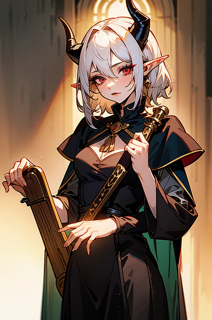 1girl, thirty years old, woman, little black horns, solo, in a medieval tavern, seductive, mature, deep red eyes, [Short hair], wavy hair, [White hair], androgyne, elf ears, delicate skin, lipstick, makeup, ghotic, mature female, dark dress with cape, black dress, mystic atmosphere, masterpiece, best quality, 8K, luth instrument