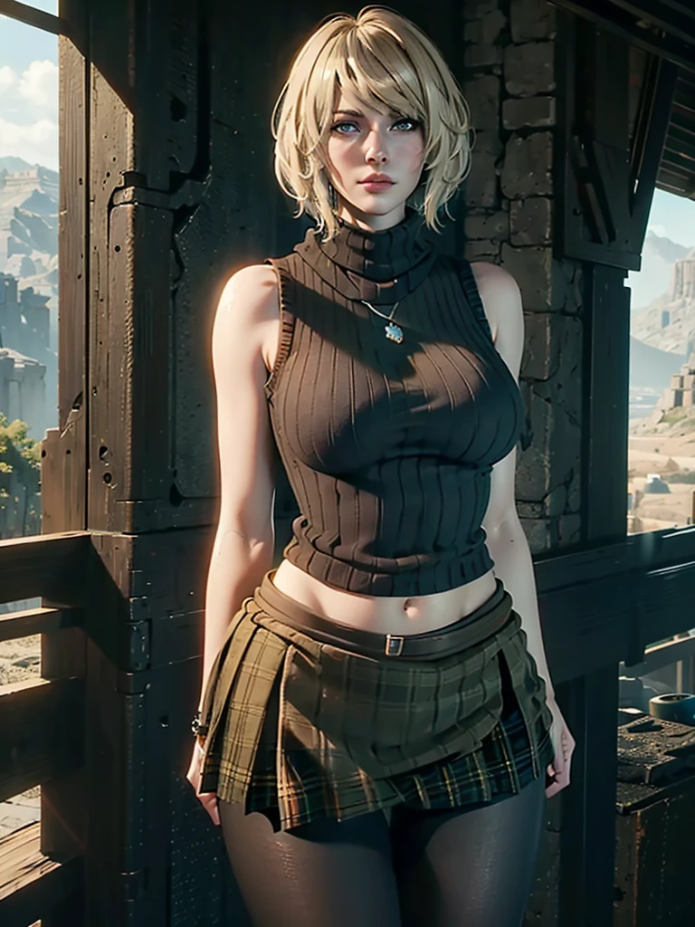 Ashley_BareShoulders_ownwaifu, 1girl, short hair, blonde hair, lips, bob cut, large breasts, blue eyes, freckles, bangs, nose, sleeveless, sleeveless turtleneck, skirt, jewelry, plaid skirt, bare shoulders, necklace, orange sweater, miniskirt, ribbed sweater, green skirt, sleeveless sweater, navel, scarf, pleated skirt, black pantyhose, turtleneck sweater, collarbone, medium hair, (masterpiece), (best quality), (highres), (extremely detailed CG unity 8k wallpaper), outdoors, day, cowboy shot, looking at viewer, solo, focused,
