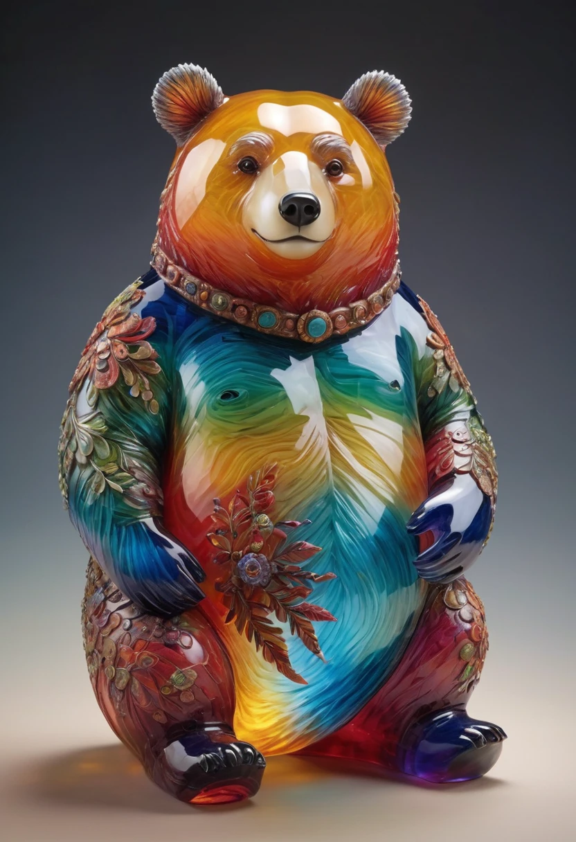 A detailed and vibrant glasssculpture, chubby male anthro bear in a fantastical landscape with vibrant colors and intricate details, done by artists such as Ruan Jia