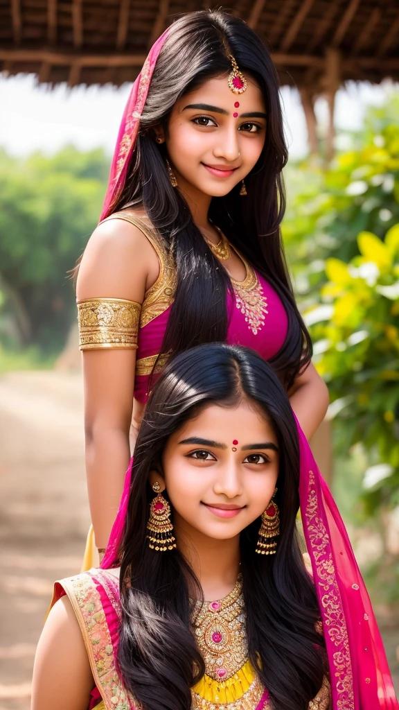 beautiful cute young attractive indian age girl, village girl, 18 years old, cute, Instagram model, long black_hair, colorful hair, indian, huge big breasts, little smiling, smooth face very realistic