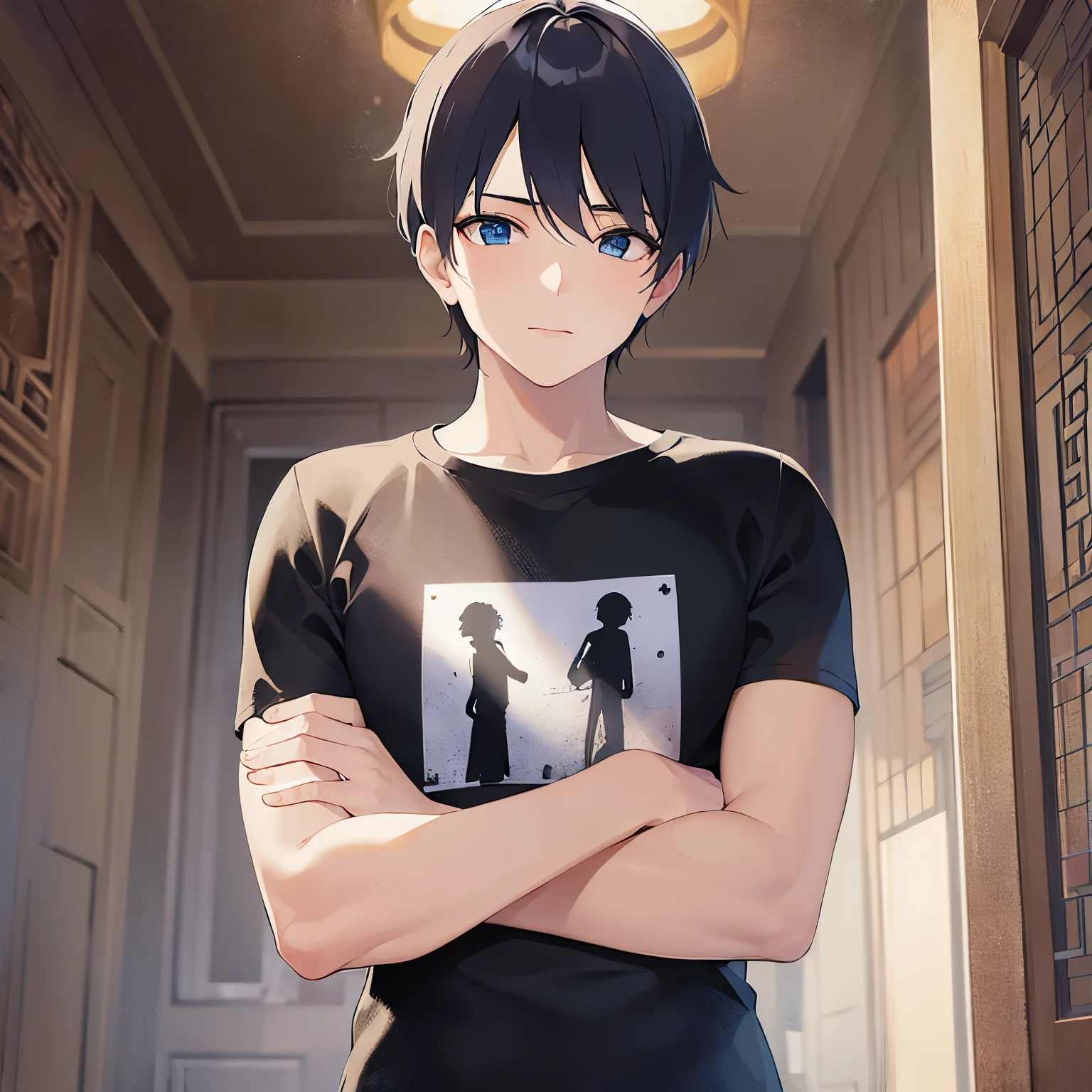 (looking down:1.5),upper body,
shiny skin, masterpiece、Highest quality、(25-year-old male:1.5) and (Black short hair) and (blue eyes)
(black) and (T-Shirts)
Entrance of the house、Arms crossed