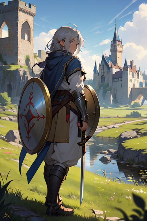 anime girl in golden armor with a sword and shield who is 20 years old in a medieval landscape with the shield raised and a castle in the distance