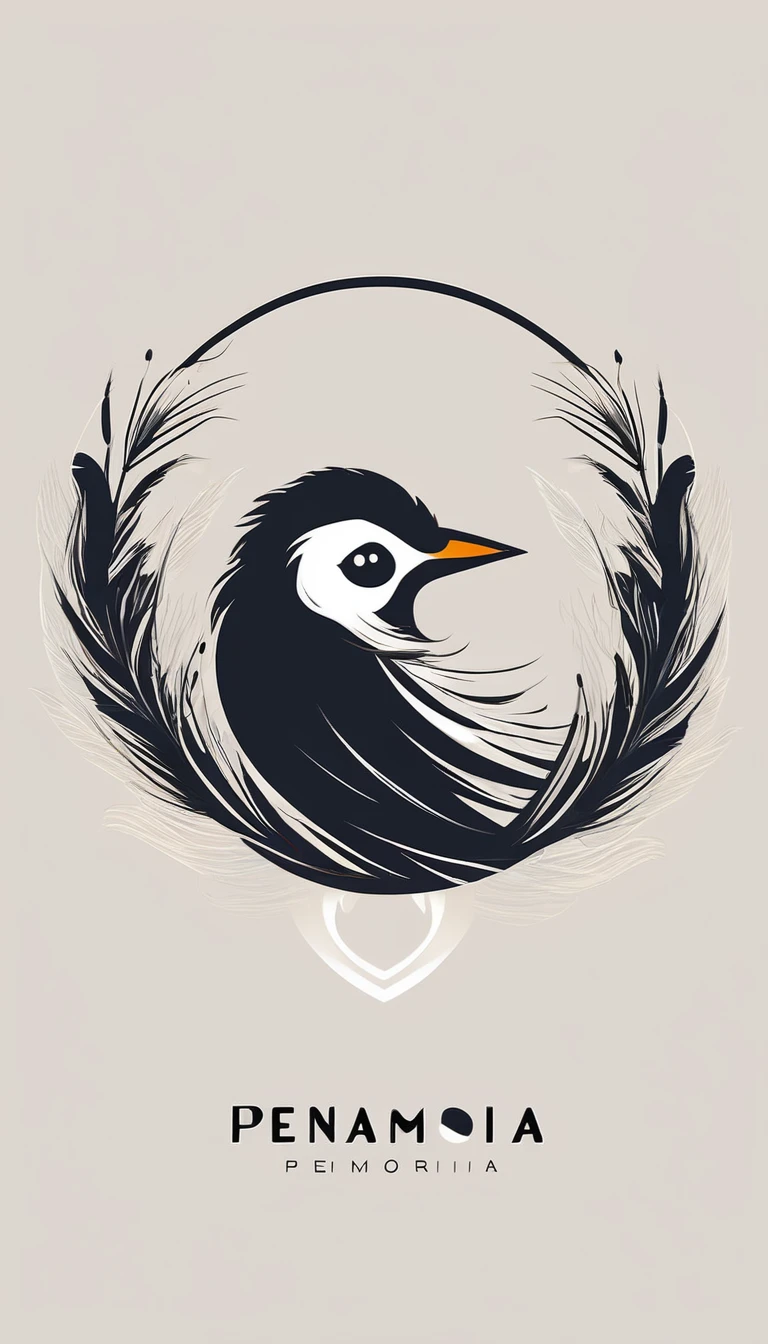 A minimal, modern, simple, cinematic logo design for the brand “Penamemoria". Create a modern, minimalistic, high-quality, logo of a boy inside a nest made of feathers. The logo must be a symbol for dreams, stories, memories, music and imagination.